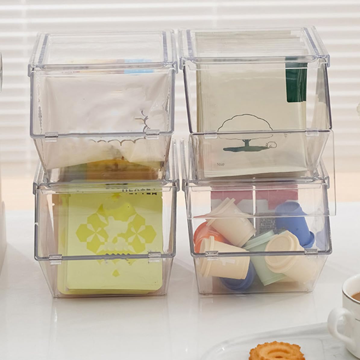 UKCOCO Organizador de Bolsitas de Té y Café Acrílico Apilable, 4 Piezas Tapa, Compacto y Liviano para Cocina y Oficina, Caja Transparente de Gran Capacidad