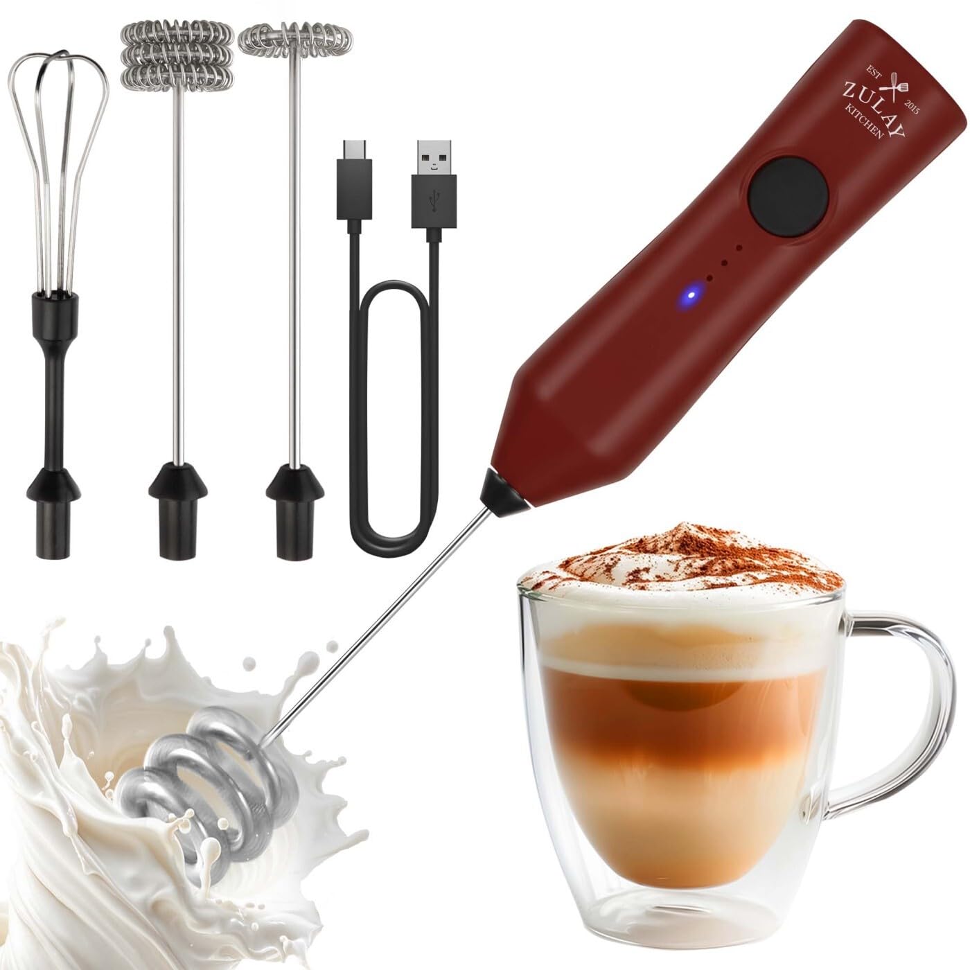 Zulay Kitchen Rechargeable Milk Frother - Dynamic - 3 Speeds, 3 Whisk Attachments, 500 mAh USB Charging, Drink Mixer For Latte, Cappuccino, Matcha, Protein Powder, Coffee Foam - Red Black