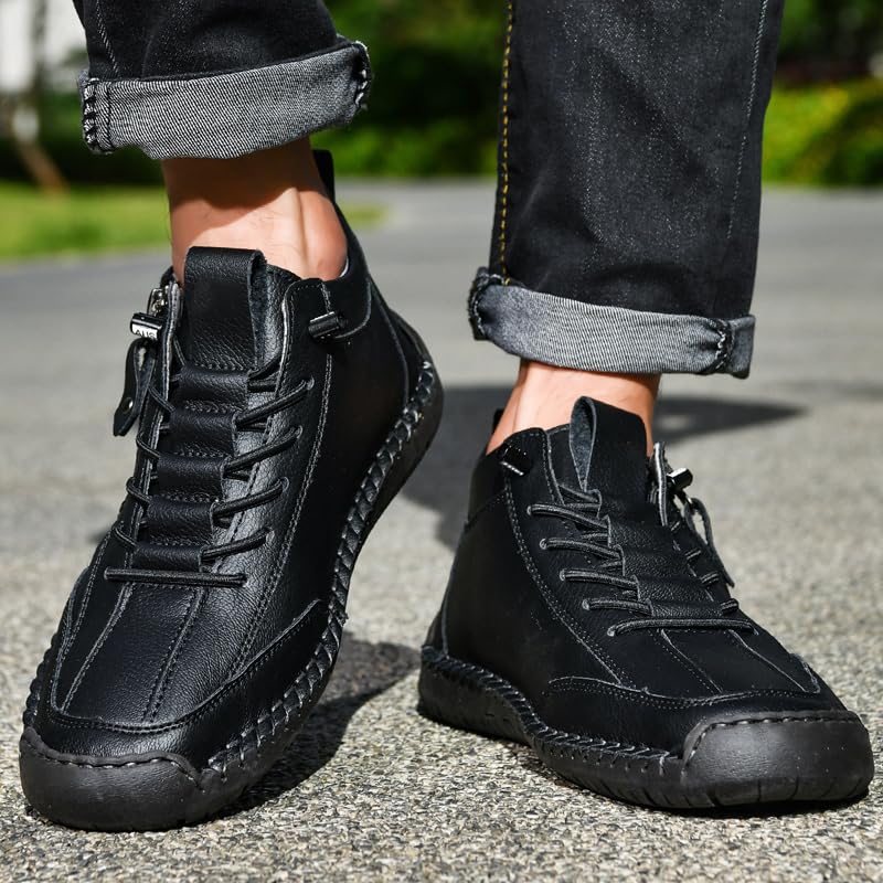 Men's Casual Leather Handmade Slip-On Driving Boots with Side Zipper, Men's Lightweight Loafers Comfortable Flat Non-Slip Driving Shoes, Outdoor Mid Top Leather Ankle Boots2