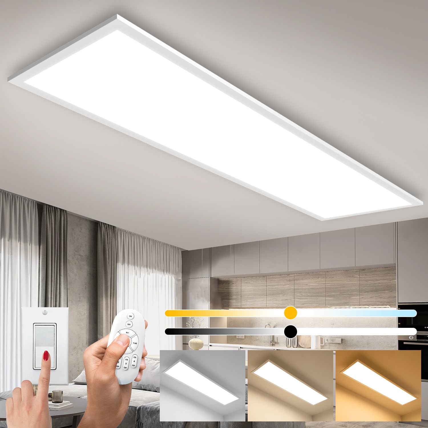 Thanger LED Ceiling Light with Remote Control, 100 x 25 cm, 28 W Dimmable, 2700 K - 6500 K, White, Modern Style, Energy Efficient, Living Room, Kitchen, Dining Room, Bedroom, Office
