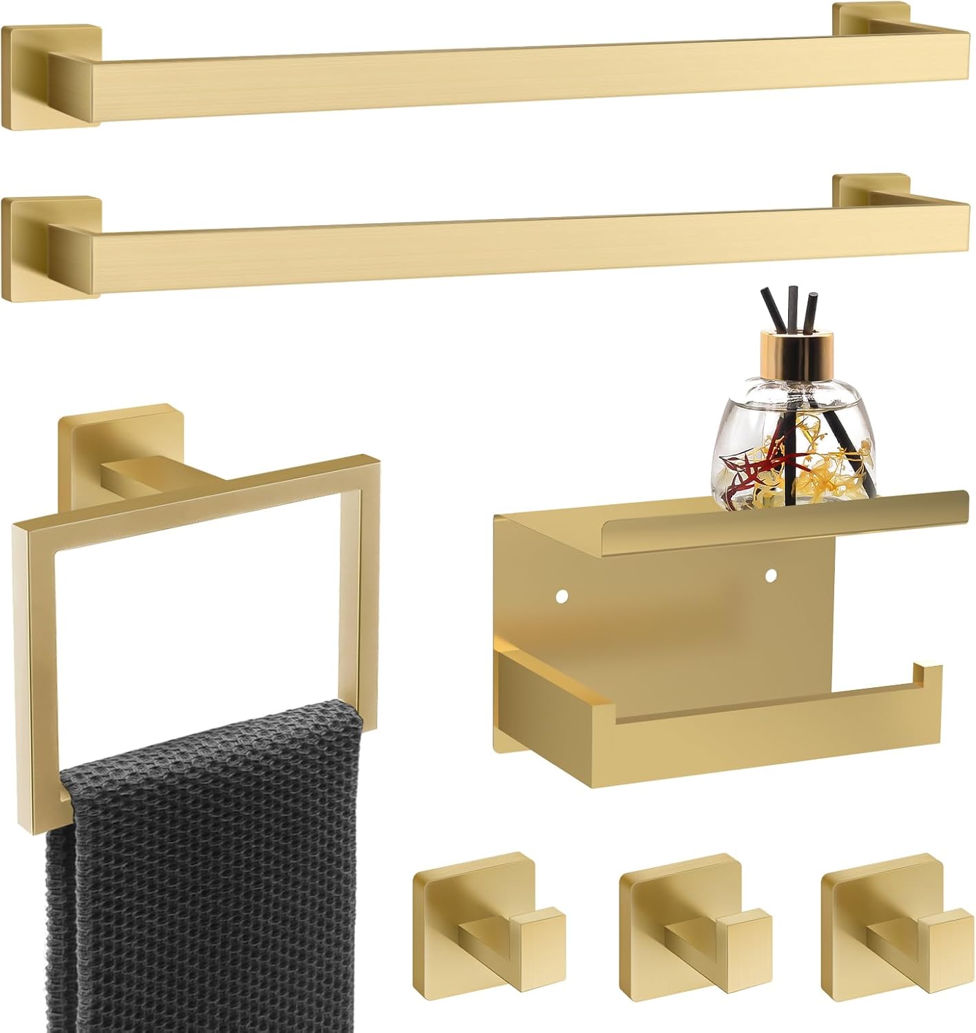 7 Piece Gold Bathroom Hardware Set with Brushed Gold Bathroom Accessories - Square 2 Towel Bars Towel Rack Stainless Steel 23-Inch Brushed Gold 23 IN