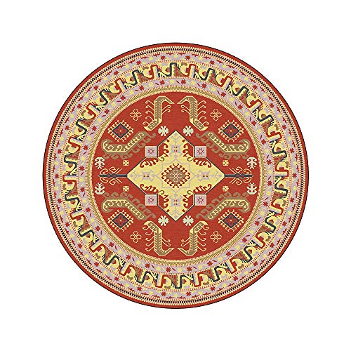 Naturer Indisch Teppich Rund 100cm Azteken Muster Rot Gelb Bunt Outdoor Teppich Mandala Orientteppich Wohnzimmer…