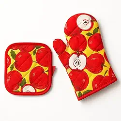 Kit Luva Térmica + Pegador/Descanso de Panela Para Cozinha de Poliéster Para Manusear Panelas Travessas e Formas Quentes Estampada Para Forno Fogão e Churrasqueira de Segurança, Sortido