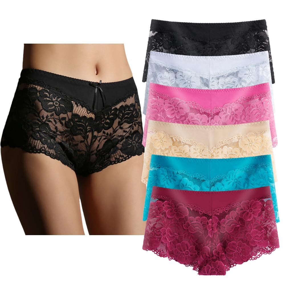 YaoKing Women's Underwear Regular & Plus Size Panties Lace Boyshort Hipster Cheeky Panty- 6 Pack, 6 Pack-a9144, XXL