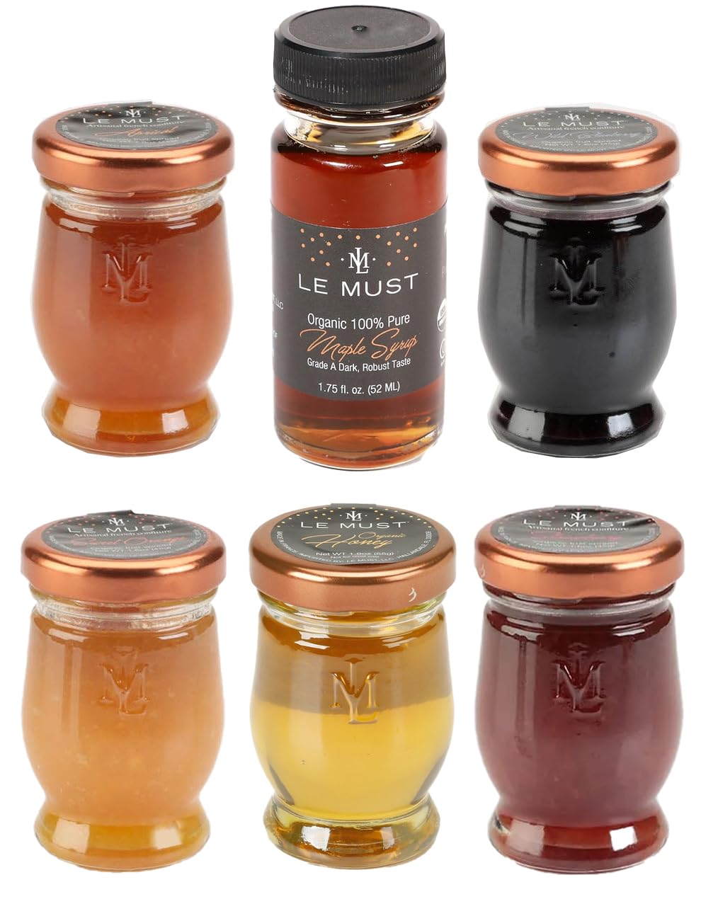 Le Must Premium Glass Condiment Assortment Mini Jars (Le Must Preserves, Honey, and Maple Syrup) Pack of 6