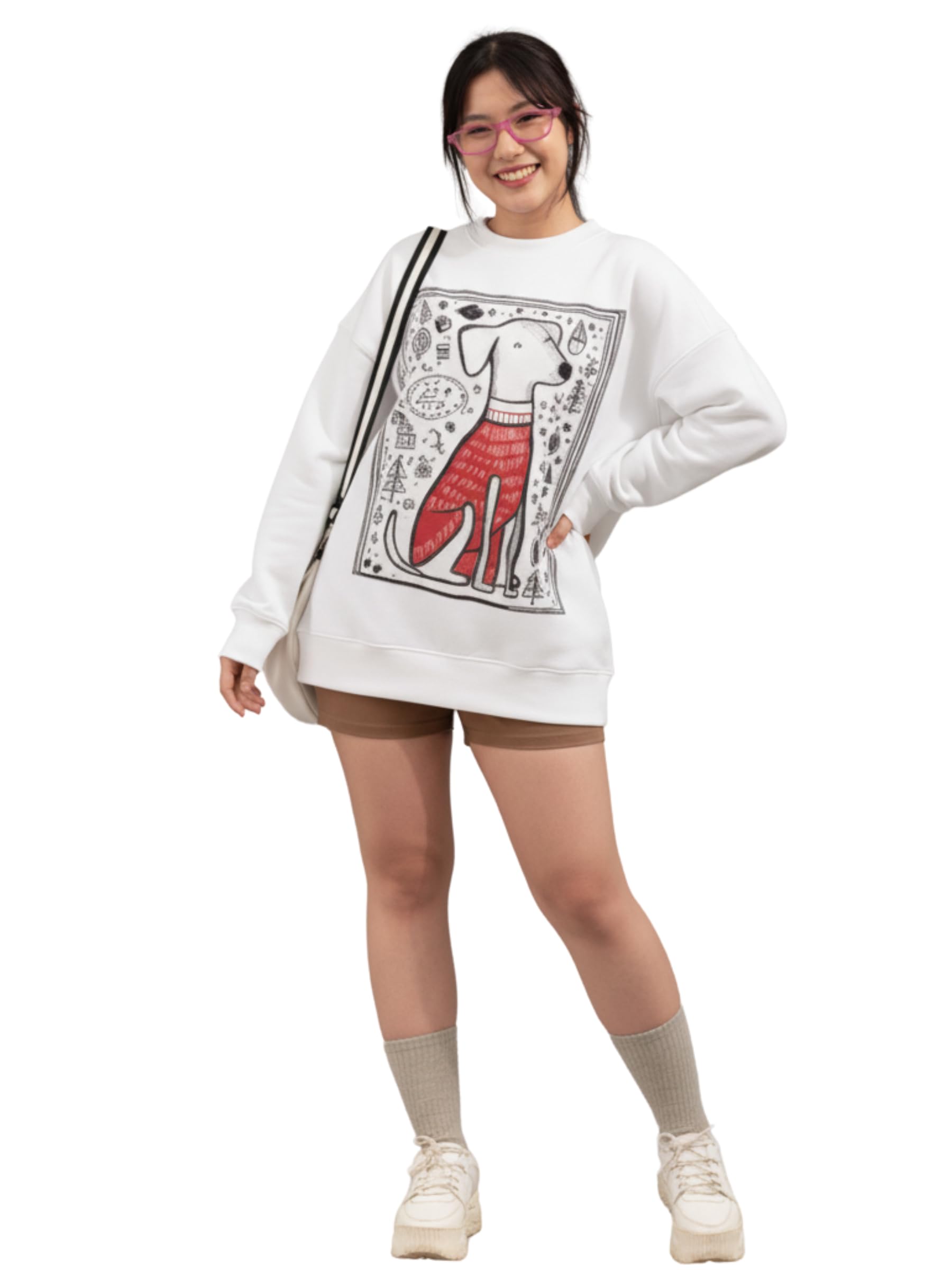™ Women's Oversized Drop Shoulder Sweatshirt, White, S-2XL, Cotton-Polyester Blend Ultra Comfortable 400 GSM Fabric, Christmas Dog Print, Relaxed Fit, Adult Sizes-image-25