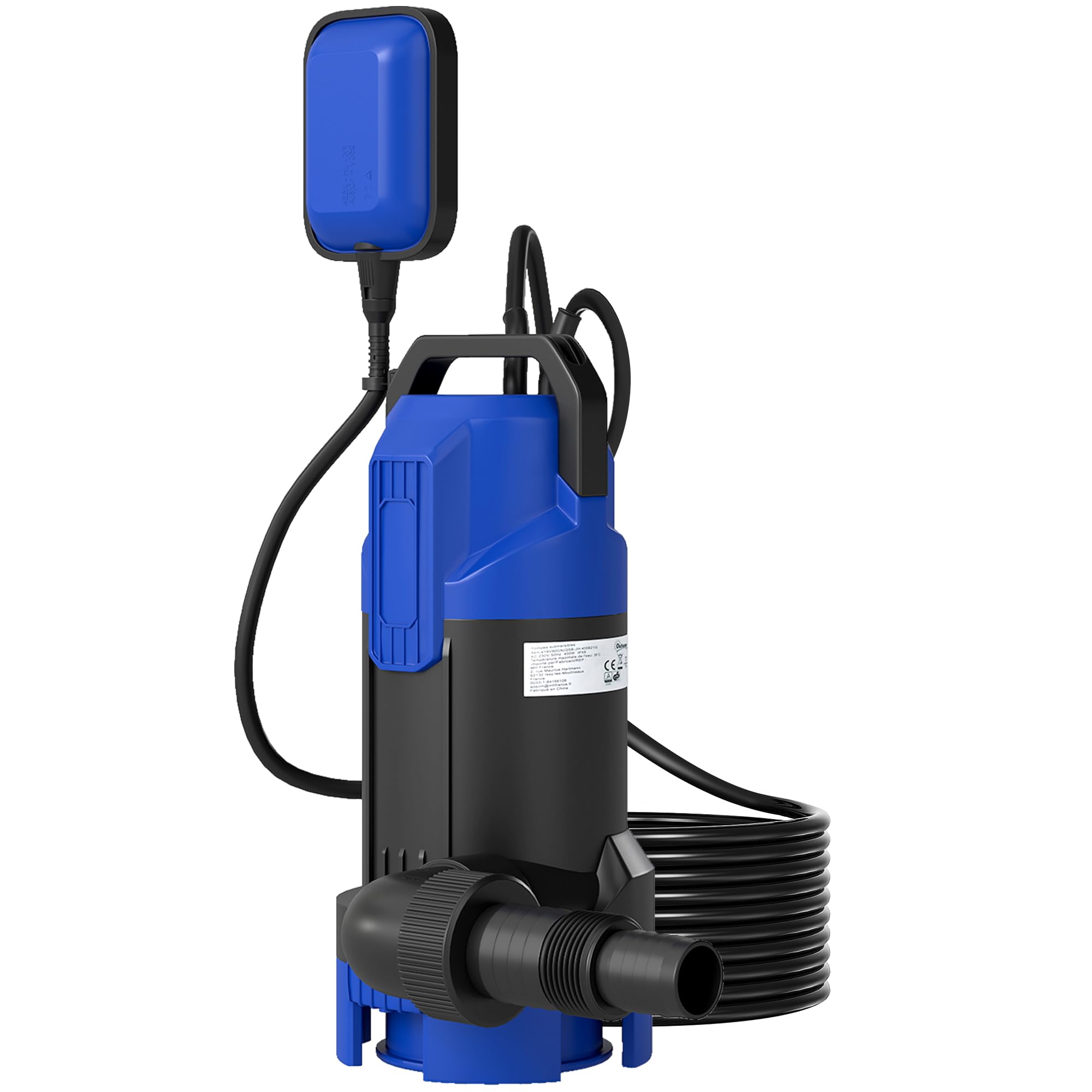 Outsunny Pompe d'évacuation eaux chargées/propres 20000L/H 750W, profondeur max. 7m, Pompe de relevage eaux chargées avec interrupteur à flotteur, pour eaux sales avec particules jusqu'à 35 mm, noir