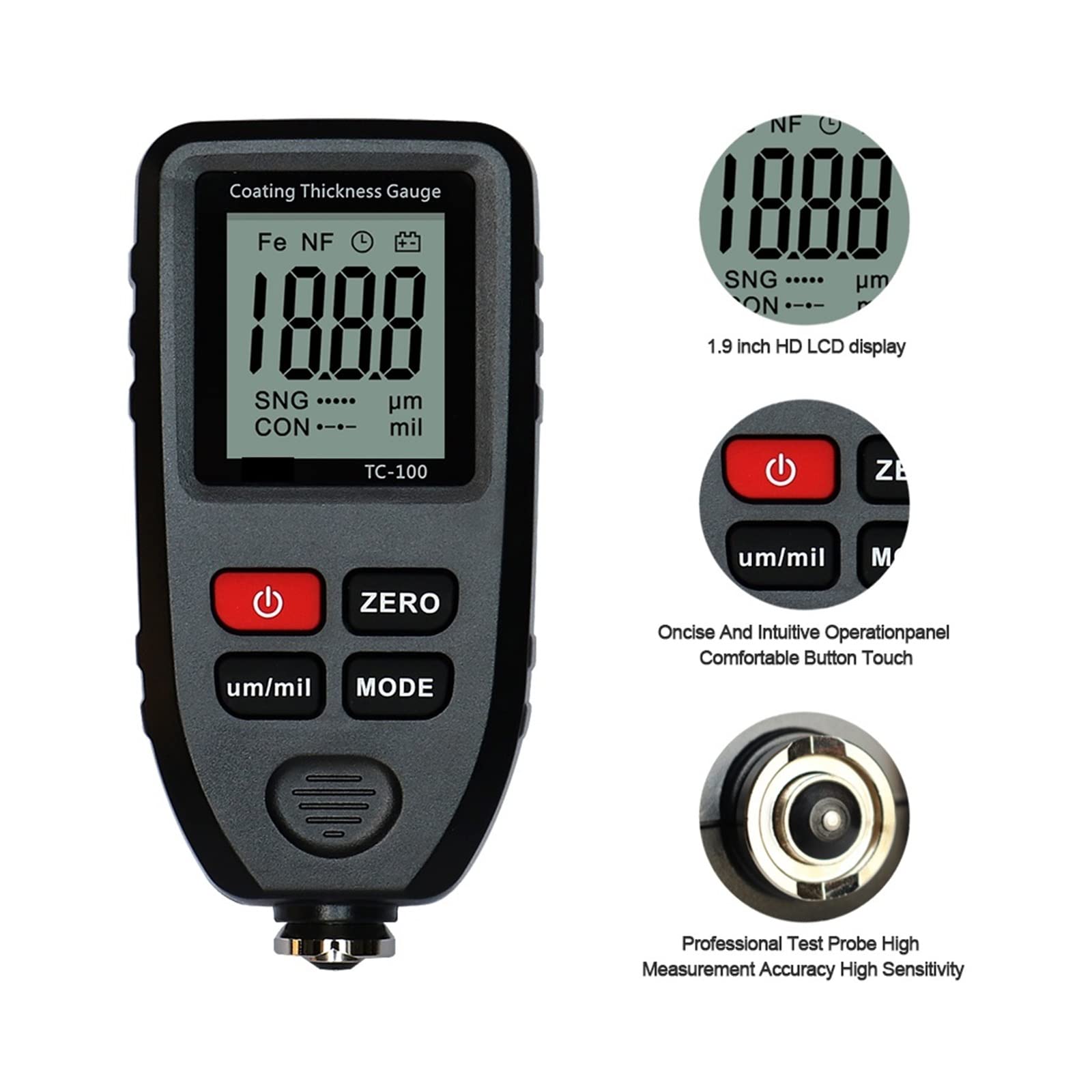 Medidor de espesor de revestimiento TC100, 0,1 micras/0-1300, probador de espesor de película de pintura for coche, herramienta de medición de pintura FE/NFE para profesionales y aficionados al bricol