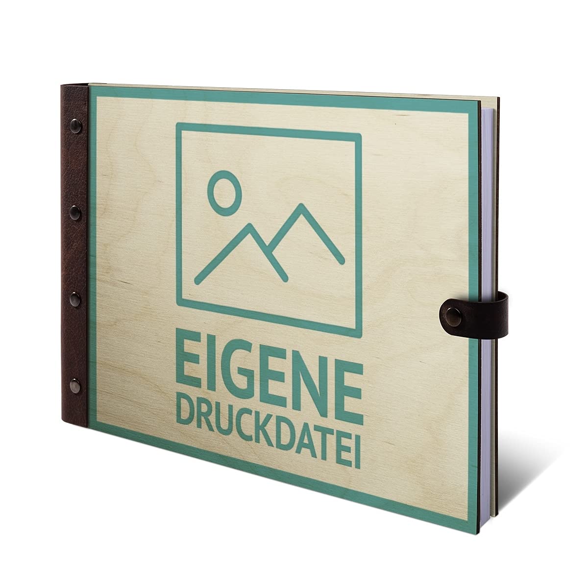 Gästebuch Birkensperrholz mit Lederrücken UV-Druck individuell Holzcover 72 Blatt | 144 Seiten DIN A4 quer 302x215mm - Eigene Druckdatei