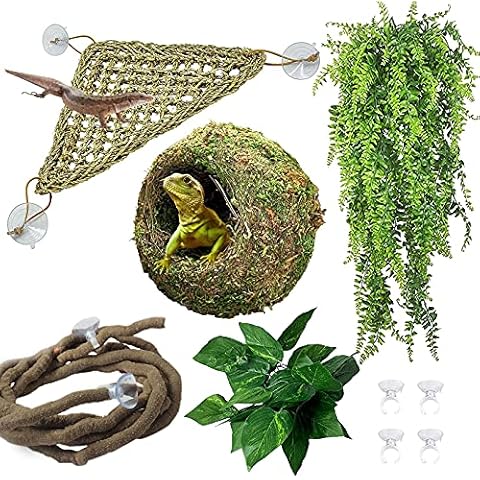 Hamiledyi Reptile Moss Cave Hide,Crested Gecko Habitat Hammock Green Moss Accessories Plastic Terrarium Plant Vines for Small Bearded-Dragon,Snakes,Chameleon Climbing Hibernation Sleeping Cover