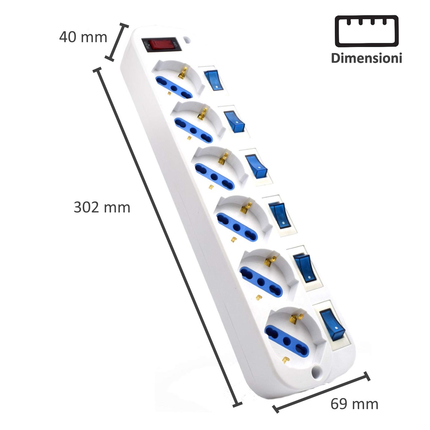 Multipresa a 6 Posti, Ciabatta Elettrica con 6 Prese Italiane e Schuko/Tedesche - Spina Schuko/Tedesca- Potenza 250V/2500W - Cavo da 3 Metri, Prese Angolate a 45° (Confezione da 2)