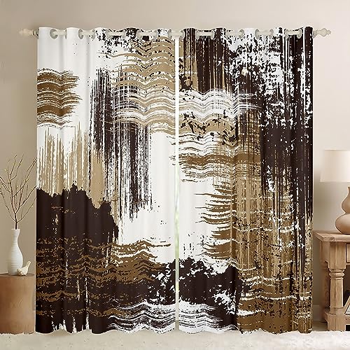 Manfei Abstract Window Curtains Modern Abstract Art Window Drapes for Kids Boy Children, Grunge Style Brown Black Grey Window Treatments Grommet Top 2 Panel Set Bedroom Curtains, 52Wx96L inch