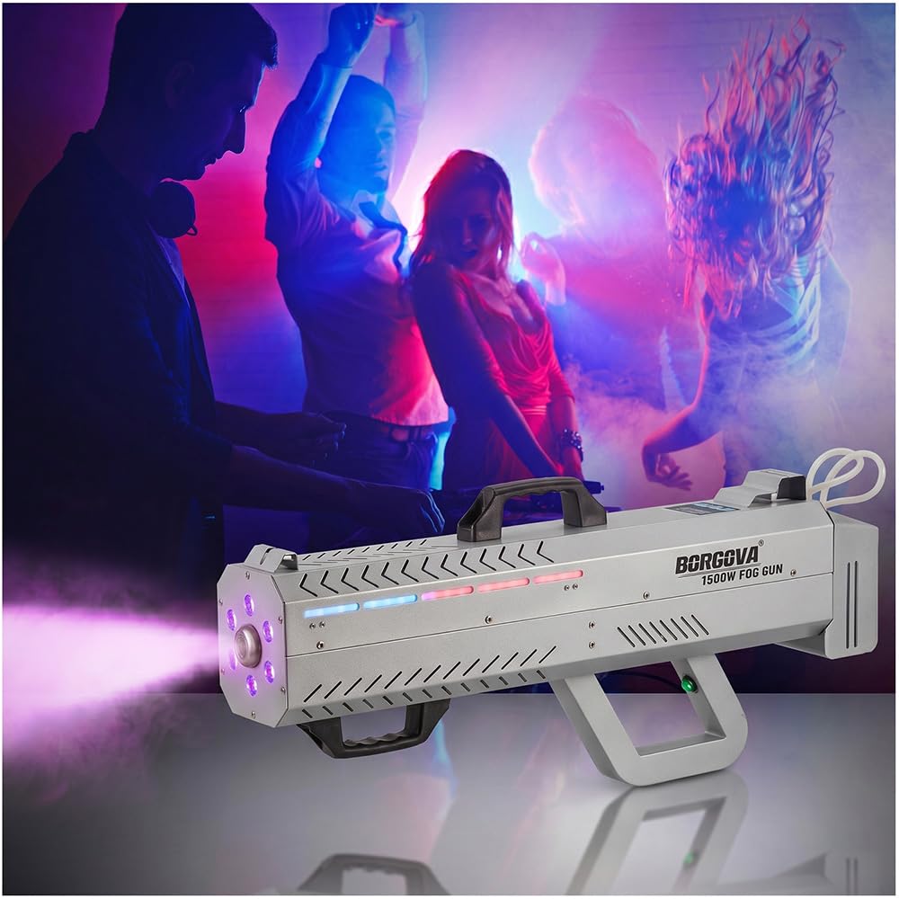 Photo 1 of BORGOVA 1500W Smoke Gun Fog Machine with Timer & 7-Color LED Lights, Handheld Party Fog Cannon, 20-26ft Range for Halloween, Weddings, Stage Shows, DJ Clubs
