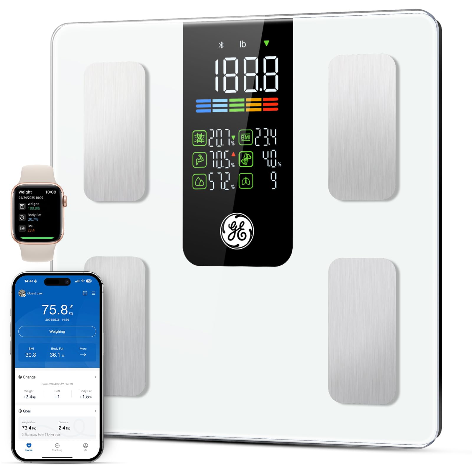 GE Smart Scale for Body Weight: 8-Electrode Body Pod Fat Monitor with Full Body Composition Analysis, Bluetooth App Sync, Large Handle Display, 400lb Capacity Bathroom Scale for Home & Gym, Cool white