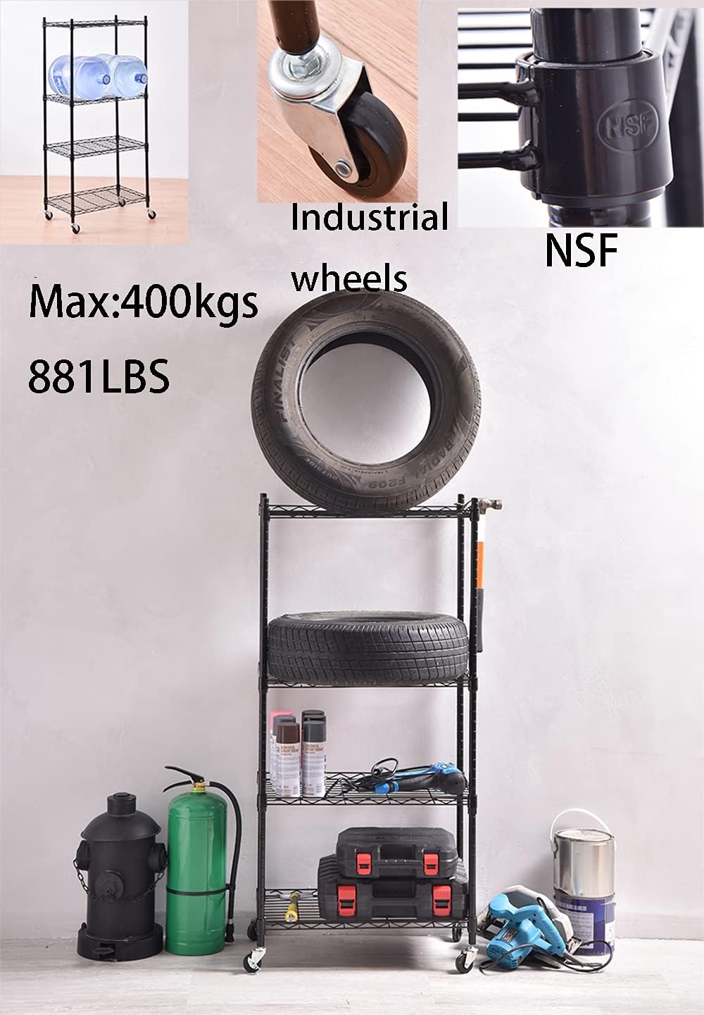 Yin 4-Shelf Metal Shelf Organizer on 4”Wheel Casters -Wire Shelving Certified NSF -Heavy Duty Garage Shelving Wire Rack ,Black (24”L x 14”W x 47”H) : Tools & Home Improvement