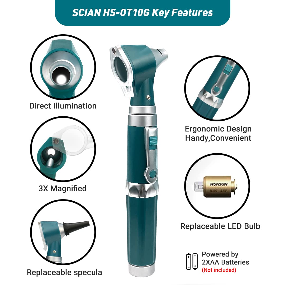Scian Otoscopio Medico Professionale,Ingrandimento 3X, Strumento Diagnostico Di Cura Dell'orecchio Con Custodia Di Plastica Dura - Forniture Mediche Per Infermiere, Veterinario, Adulti (Verde)