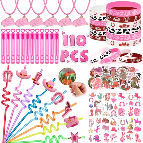 SNLN 110Pcs Cowgirl Party Favors Hot Pink Princess Birthday Supplies for Girls Cowgirl Straws Necklace Bubble Wands Silicone Bracelet Western Tattoo Stickers Rodeo Hot Pink Horse Party Favors