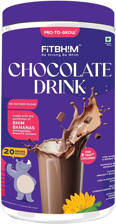 - Pro To Grow Fitbhim Chocolate Nutrition Drink Powder 200g | Infused with Bhim Banana & Ayurvedic Herbs | Belgian Chocolate Flavor for kids (2+ years) | Growth Booster with Immunity Support
