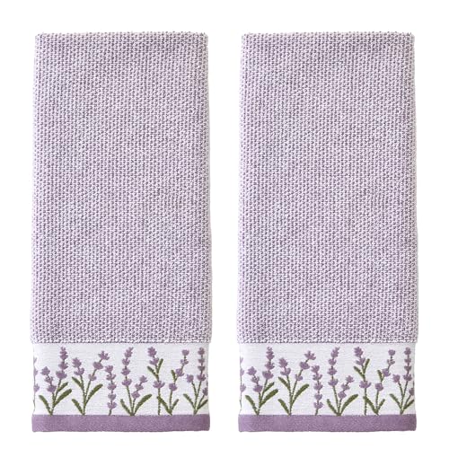 SKL Home Lavender Border 100% Cotton Jacquard 2pc Hand Towel Set Embroidered & Decorative for Bath/Kitchen/Bar & Gift Purple