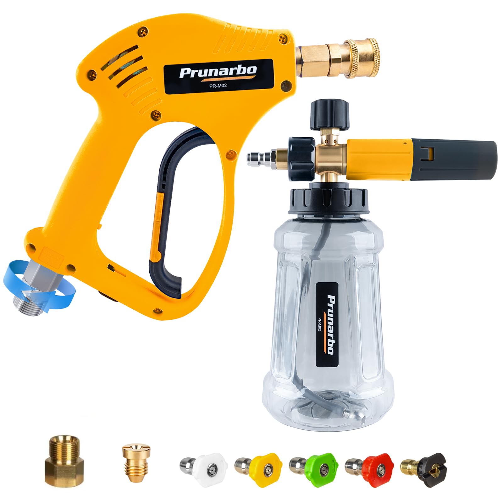 Pistolet de nettoyeur haute pression avec canon à mousse, adaptateur de tuyau à montage rapide compatible avec Karcher K2-K7, 5 buses de pulvérisation, bouteille en mousse de 1 L (PR-M02-B)