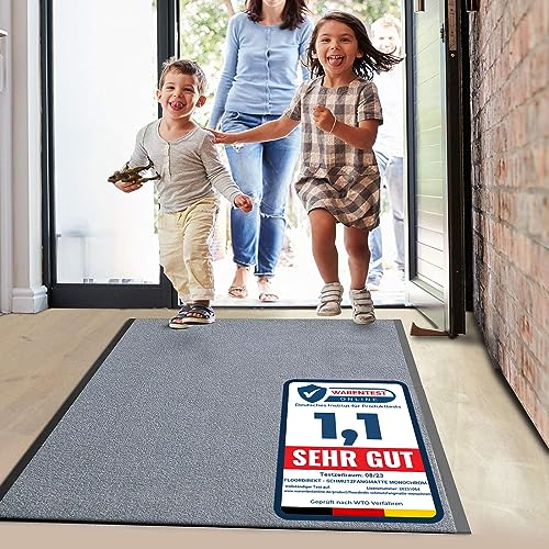 Floordirekt | Paillasson Uni | Tapis Entrée Intérieur | Tapis de Porte Lavable & Ultra Absorbant | Gris Argenté, 90 x 150 cm