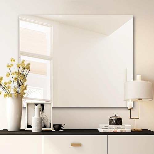 Espejo de tocador de baño de 40 x 32 pulgadas, espejo sin marco con borde pulido, se cuelga horizontal o verticalmente. Espejo de baño inastillable