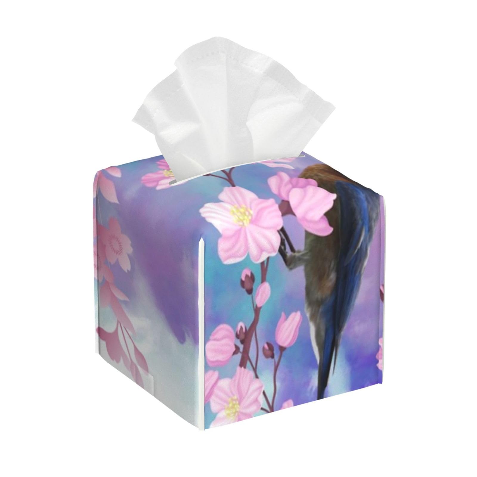 Cherry Blossoms and Bluebird Tissue Box Cover 5" Square Leather Tissue Holder Facial Tissue Case for Tabletop Bedroom Bathroom Desk Decor