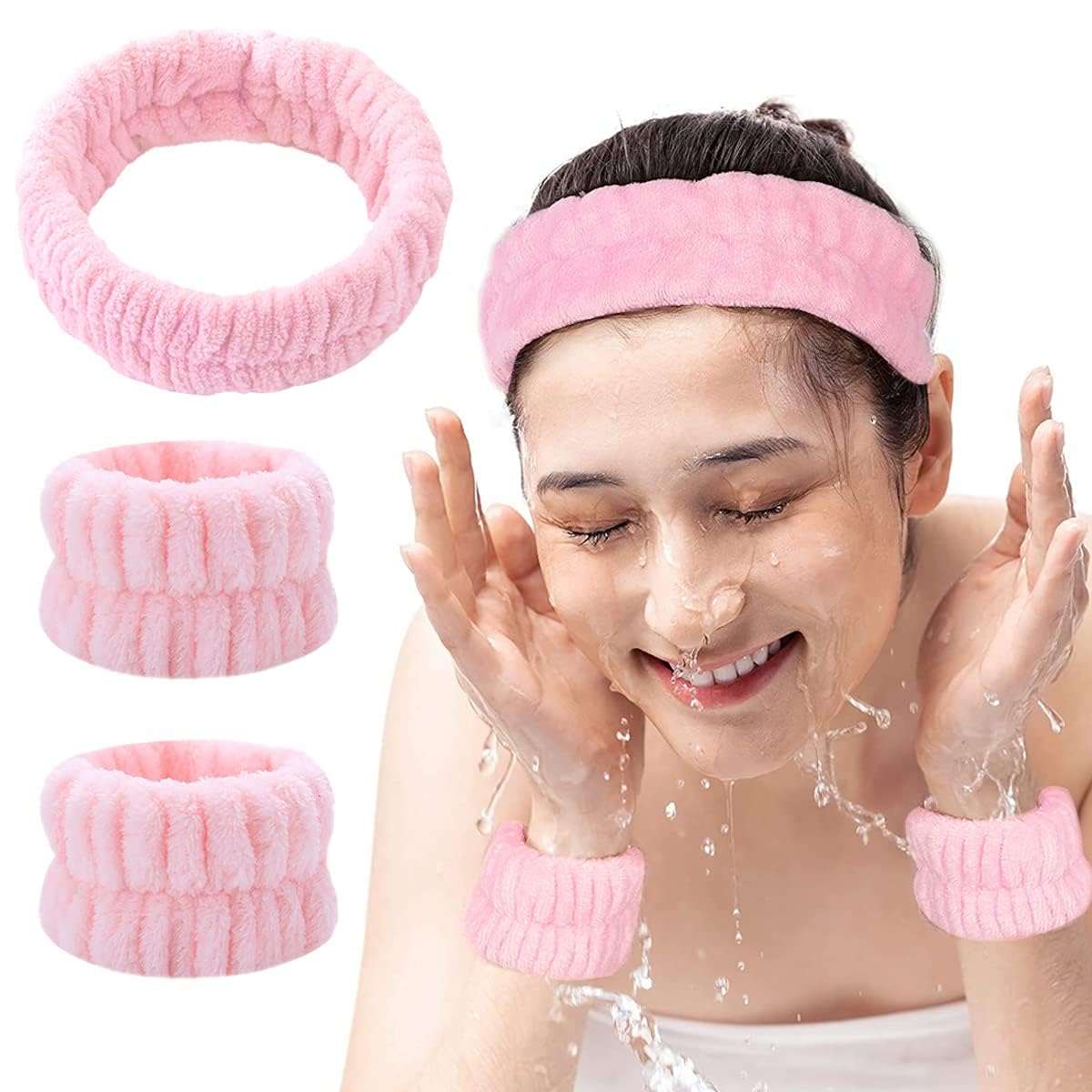 3Pcs Face Washing Headband Wristband Combo Kit, Microfiber Absorbent Hairband Wrist Wash Band Towel for Women Girls for Skincare Makeup Yoga Sport (Pink)-image-35
