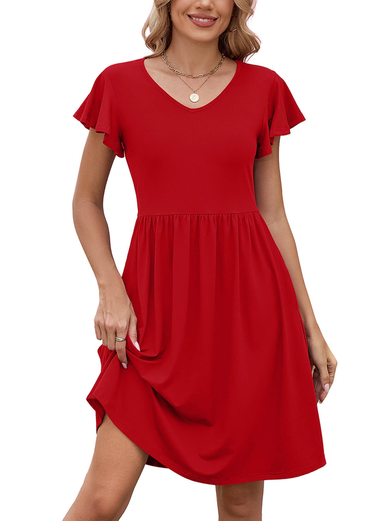 Heymoments Women Summer Dress Ruffle Sleeve Red XX-Large Crewneck Casual Cute Loose Sundress Comfy Swing Midi Work Flowy Tunic Ladies Beach Vacation Teacher Dresses with Pockets