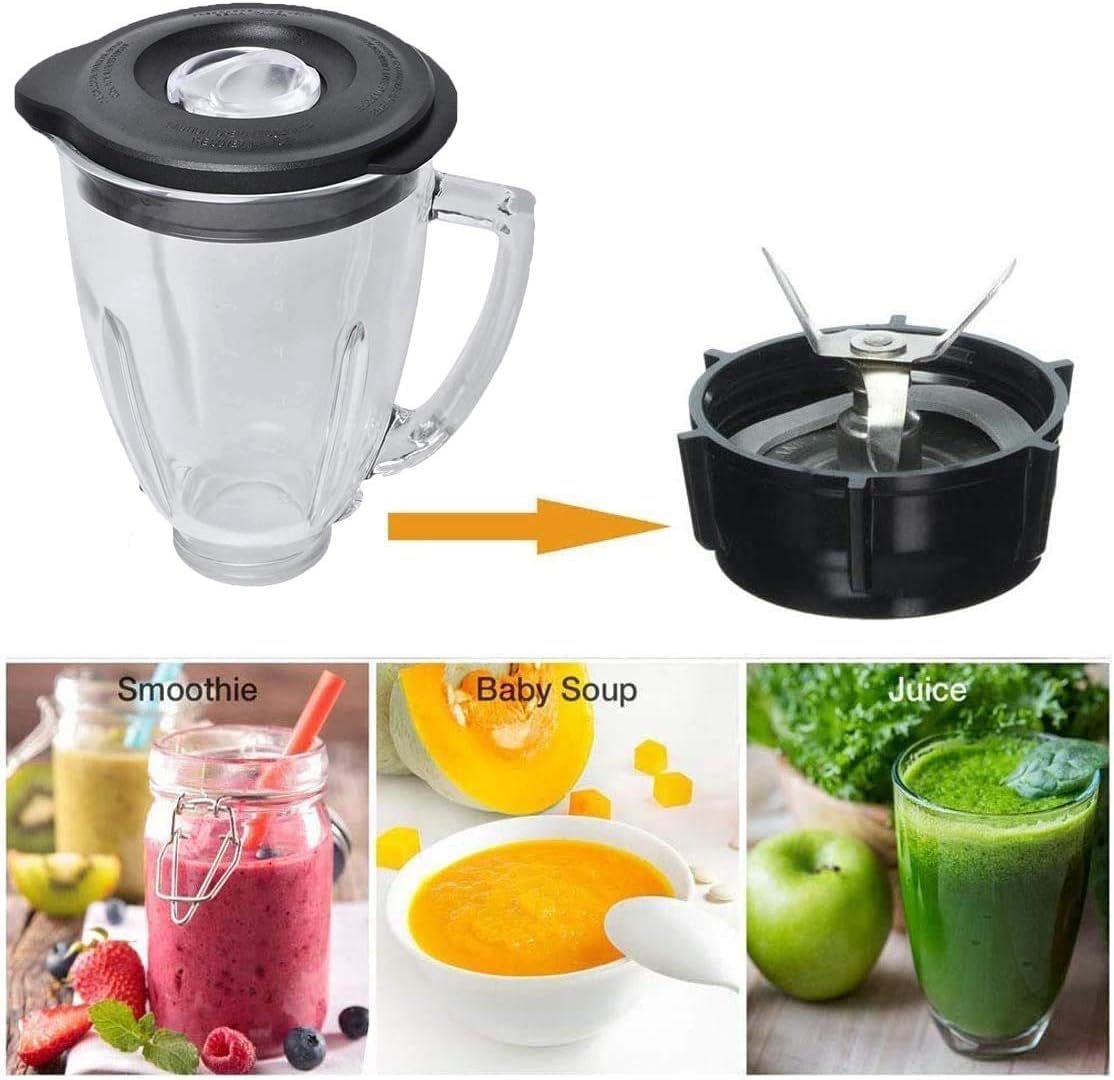 Vaso Di Ricambio Per Frullatore Compatibile Con Osterr Blender 6 Cup 1.25 Litre, Vaso De Licuadora Osterr 48 Ounce 12 Speed Round Glass Jar With Ice Blade, Bottom Cap Base, 8 - Piece Blender Kit