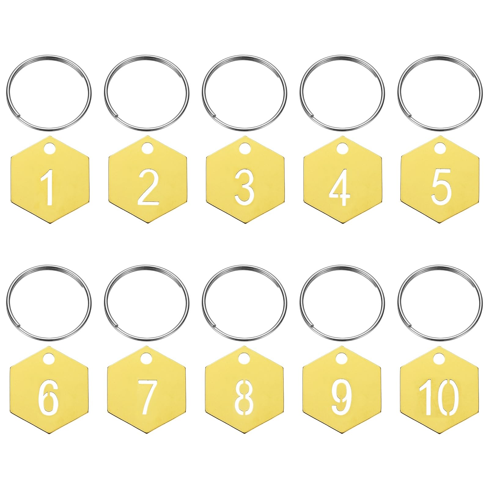 PATIKIL 10PCS Number Tags 1-10, Number Key Tags Stainless Steel Numbered Keychain Metal Sheet Plate with Key Rings for Organizer Field Sales Hangers Clothes Labels ID, Hexagon, Gold