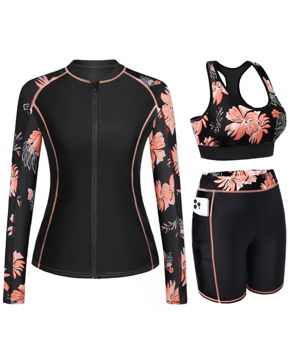 Daci Women 3 Piece Rash Guard - 3PC Long Sleeve Zip up Swim Shirt Sports Bra Modest Swimsuit