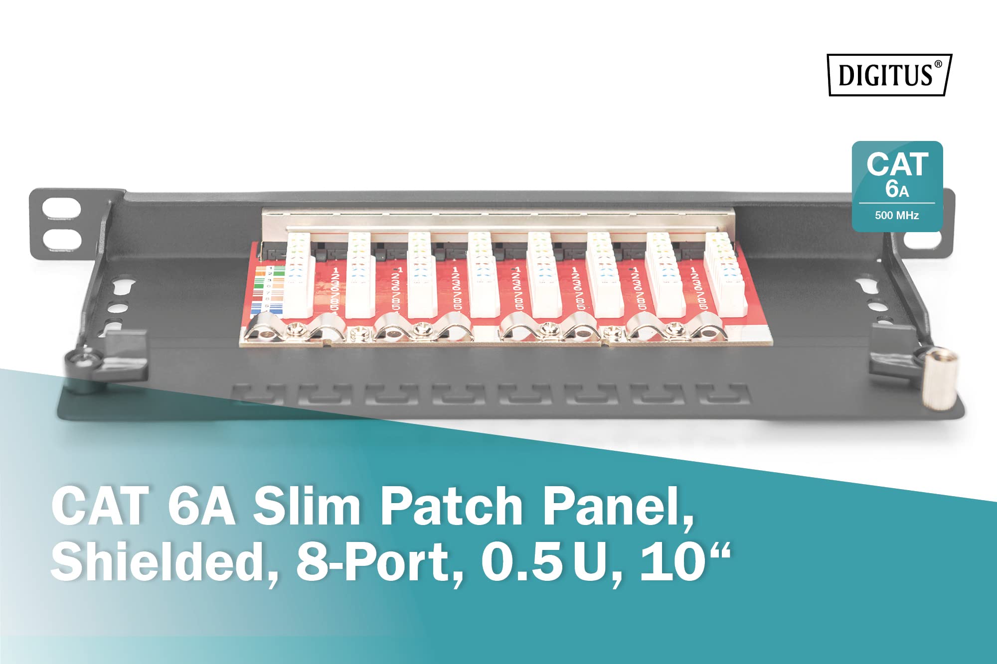 DIGITUS Panel de conexión Cat-6A - 8 Puertos - Montaje en Rack de 10 Pulgadas 0,5 U - Blindado - Conectores RJ45-10GBase-T - Panel de distribución LSA - Negro