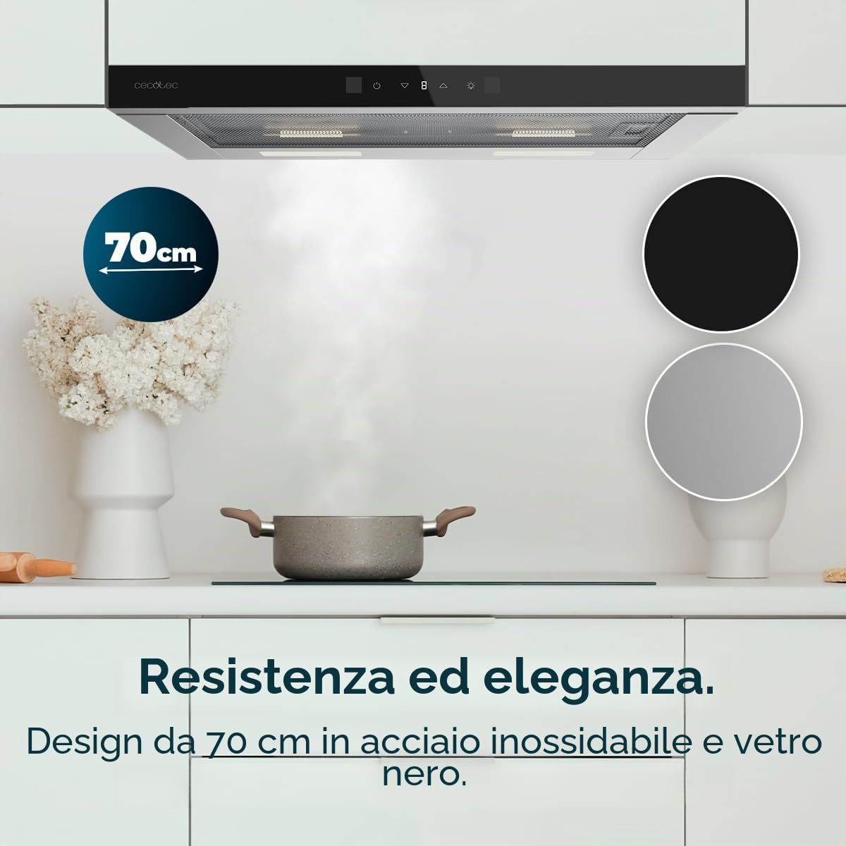 Cecotec Cappa Aspirante 70cm Telescopica Bolero Flux TLT 704400 Glass Black A+++. Aspirazione 431,2m³/h, Basso Consumo, Motore DC, Controllo Movimento e Touch, Vetro Frontale Nero, Corpo Acciaio Inox