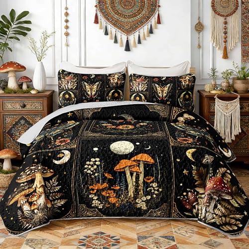 HOSIMA Bohemia Queen Quilt Lightweight Mushrooms Flowers Pattern Summer Bedding Butterfly Print Plaid Patchwork Sun and Moon Boho Floral Bedding for Adult Room Decor with 2 Pillowcases.