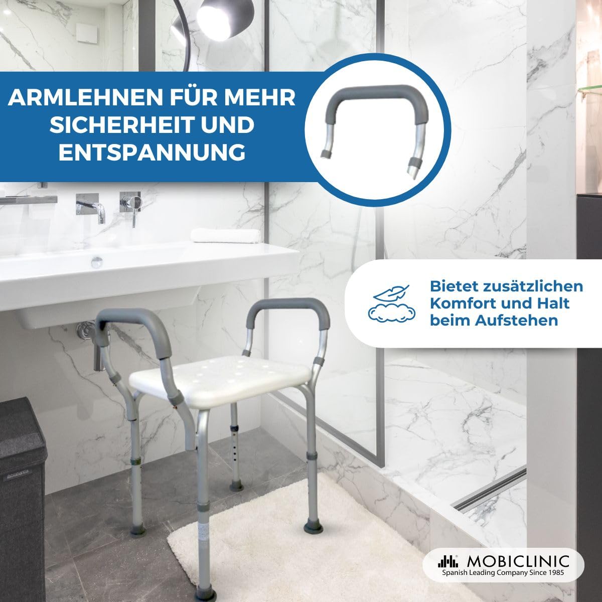 Mobiclinic®, Duschhocker, Höhenverstellbar, Mit Armlehnen, Acueducto, rutschfeste Spitzen, Ergonomisch, Licht, Max. 100 Kg, Aluminium, Weiß