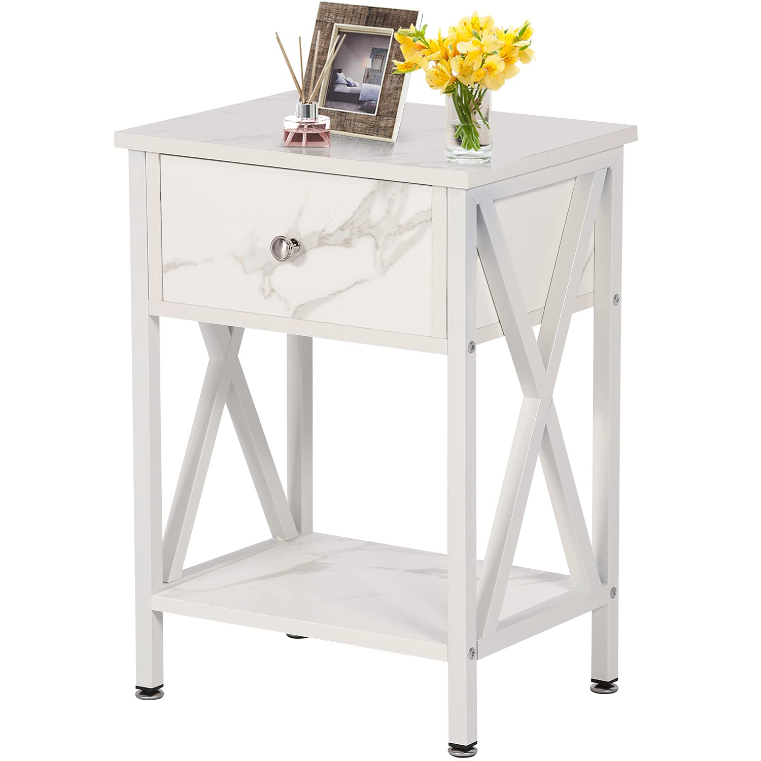 Photo 1 of ***NOT REFUNDABLE - NOT FUNCTIONAL - FOR PARTS ONLY - SEE COMMENTS***
VECELO Modern Versatile Nightstands X-Design Side End Table Night Stand Storage Shelf with Bin Drawer for Living Room Bedroom, Marble White
