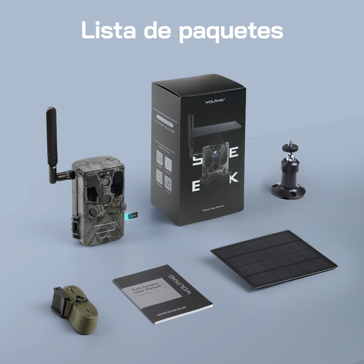 WOLFANG Cámara de Caza Solar, 4G LTE Camara Fototrampeo 2.5K con Detección PIR Nocturna por Infrarrojos Invisible, Alerta, Audio Bidireccional, IP66 para Vida Silvestre y Monitoreo de Seguridad