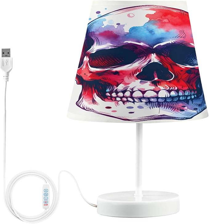 ALAZA Sugar Skull Watercolor White Decor Bedside Table Lamp with USB Port 3 Color Temperatures LED Desk Lamp for Bedroom Office M