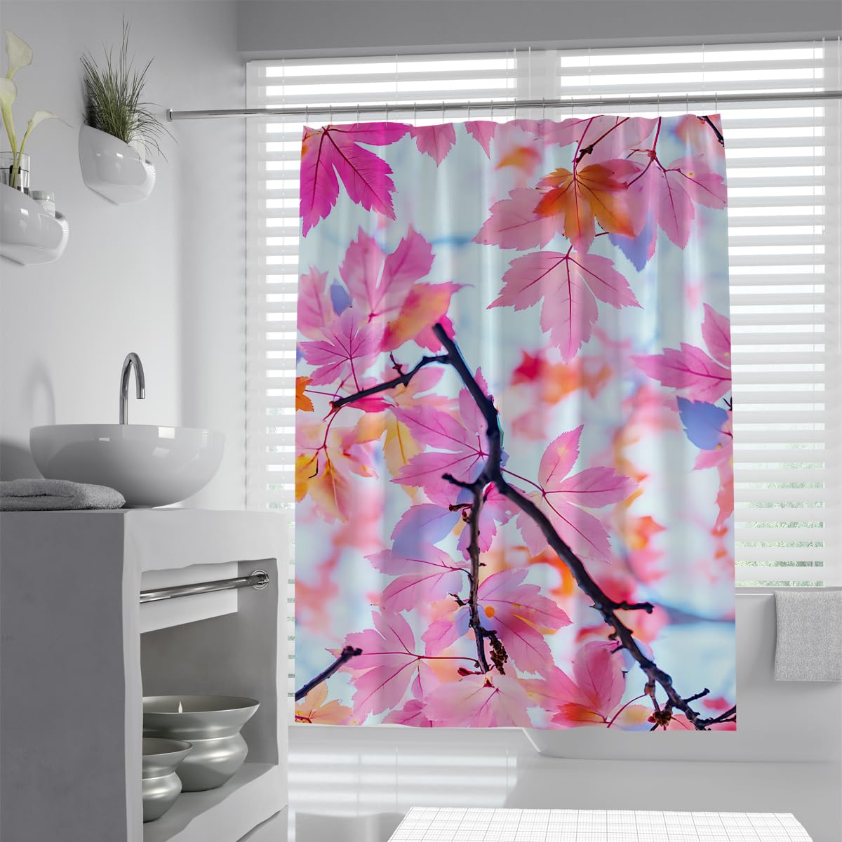 UIRINGART Modern Maple Leaf Shower Curtain W120xL200cm Pink Autumn Tree Pattern Anti Mould Waterproof Bathroom Curtain Walk In Shower With Hooks