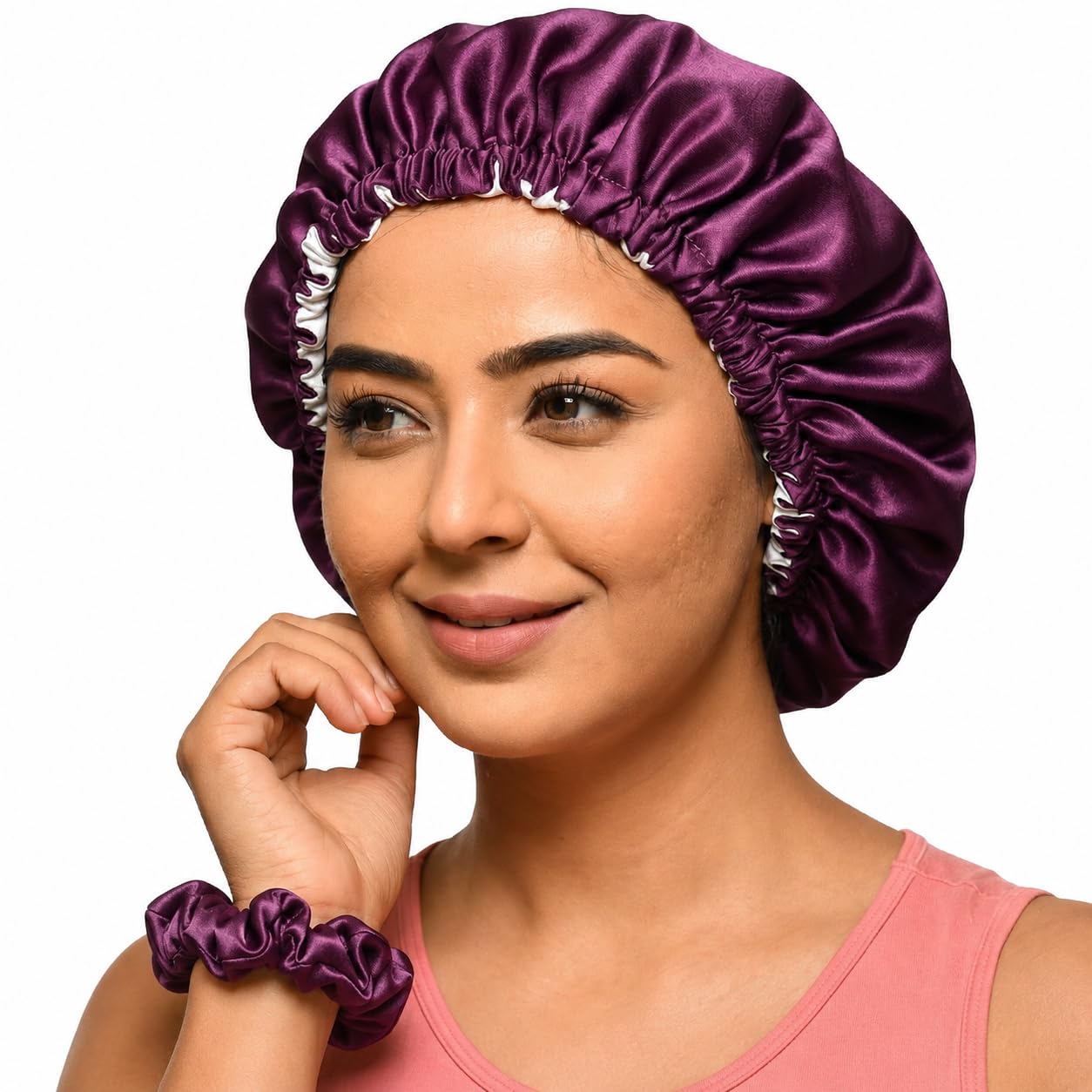 Ross Premium Satin Bonnet for Sleeping with Satin Scrunchie | Hair Protection Sleep Cap for Women & Girls | Anti-Frizz Night Bonnet for Curly, Wavy, Straight & Long Hair | Soft Breathable- Wine-image-14