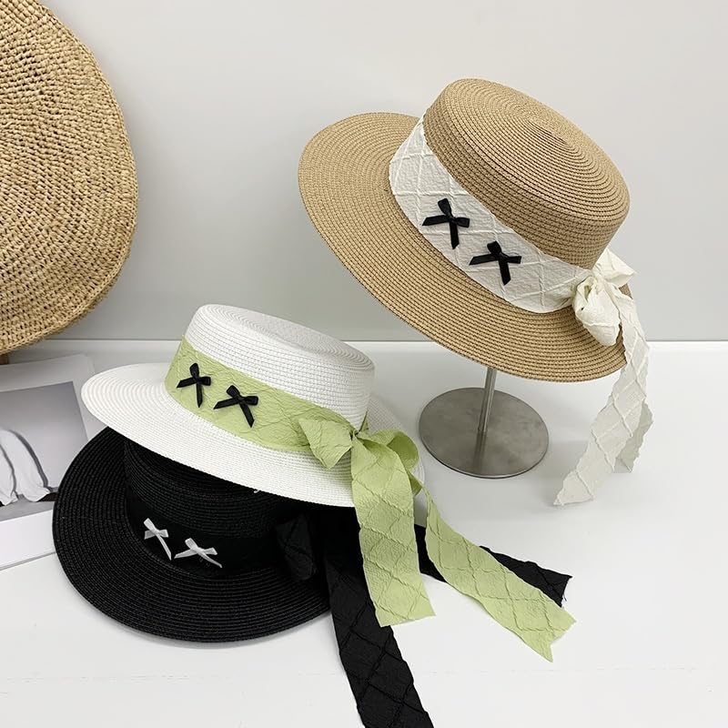 Sombrero de Paja de ala Ancha y Plana para Mujer,Sombrero de Playa con Lazo para Viajes,Vacaciones de Verano,Suave,Ligero y Transpirable