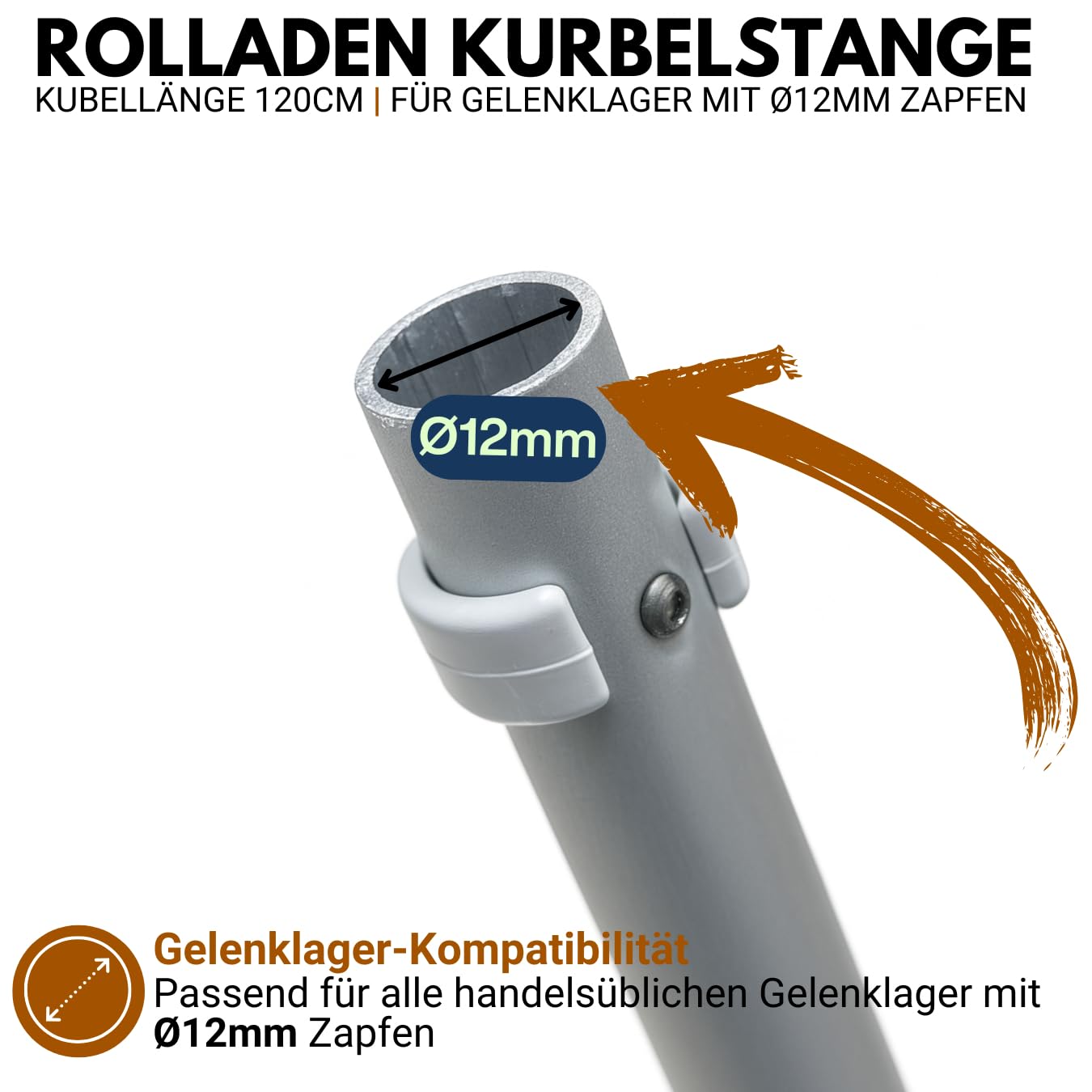 Rolladen Kurbelstange 120cm [Eloxiert], Hand-Kurbel für Gelenklager mit Ø11,9mm Zapfen - Rolladenkurbel rostfreies Aluminium mit ergonomischem Handgriff - markiso®