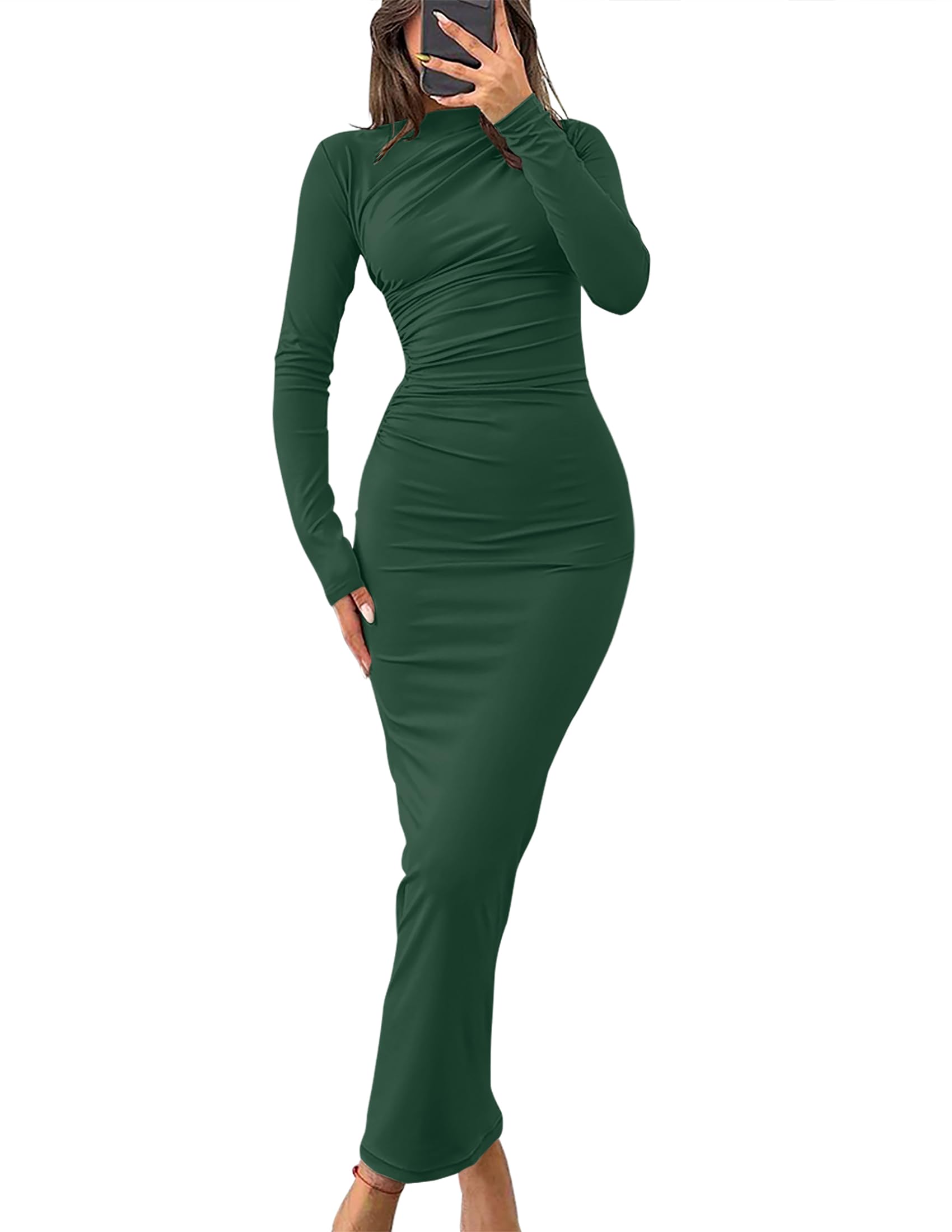 ZESICA Womens Fall 2026 Long Sleeve Bodycon Maxi Dresses Sexy Ruched Crew Neck Slim Fit Cocktail Party Dress