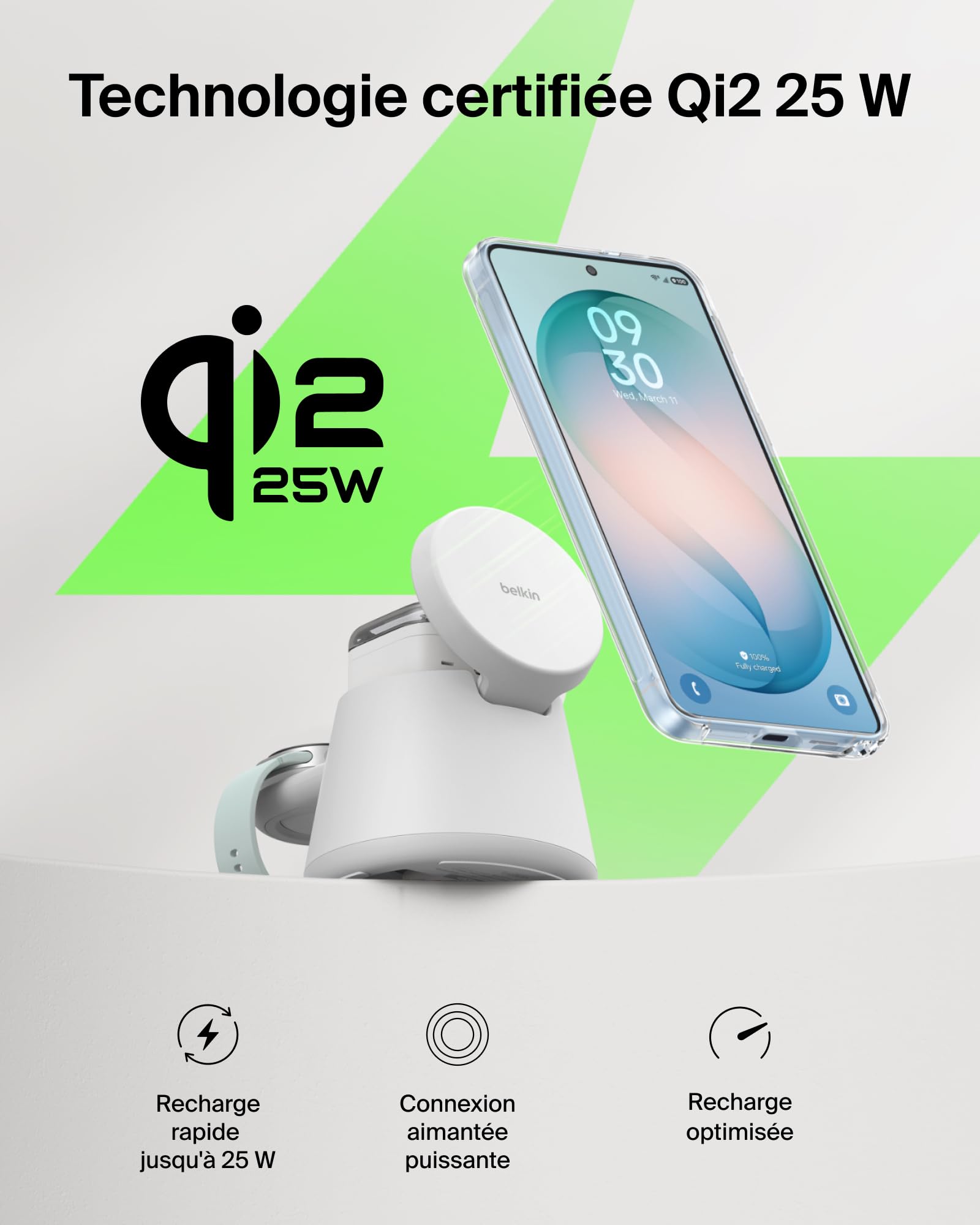 Belkin UltraCharge Station sans Fil 3-en-1 avec Qi2, 25 W - Blanc | Chargeur Magnétique Qi2.2, USB-C, Chargeur Sans Fil Pour iPhone, Galaxy, Écouteurs, Montre Connectée, Adaptateur Secteur 45 W