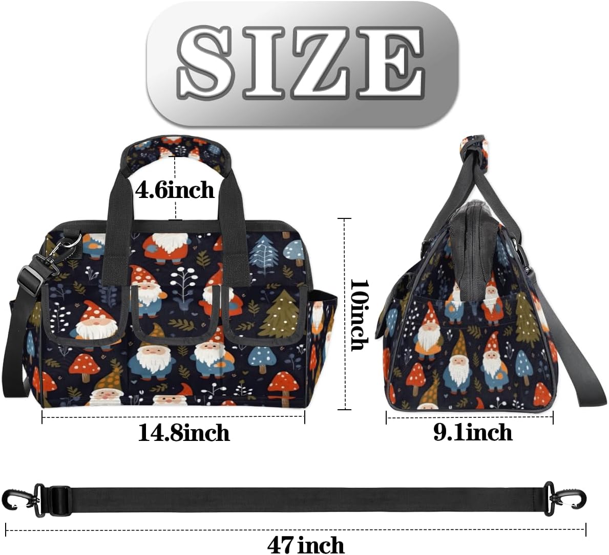 Tool Bag with Multi-Pockets Soft Handle Adjustable Shoulder Strap Merry Christmas Gnome Portable Sturdy Waterproof Durable Wide Mouth Tote for Instrument Mechanic Carpenter