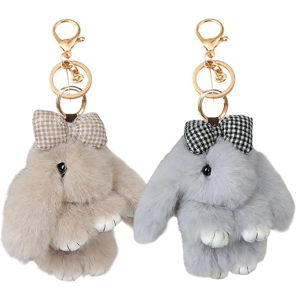 Kmfasvx Unisex Grey And Pink 2Pcs Fluffy Bunny Plush Keychain Soft Rabbit Keyring With Checkered Bow Detail,Cute Bag/Key Accessory For Women & Bunny Lovers