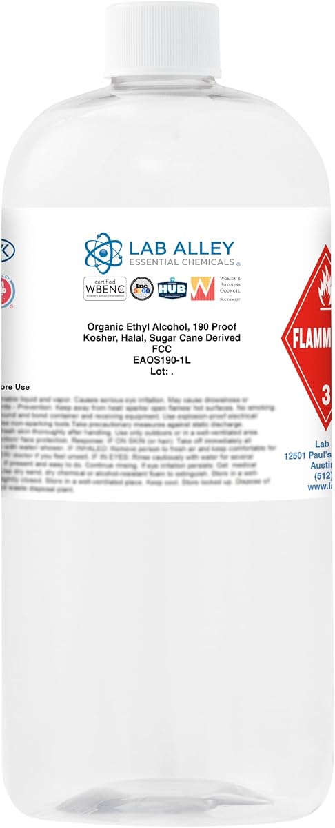 Lab Alley Ethanol 190 Proof (95%) Organic/Vegan Sugar Cane Alcohol, FCC Food Grade, 1 Liter
