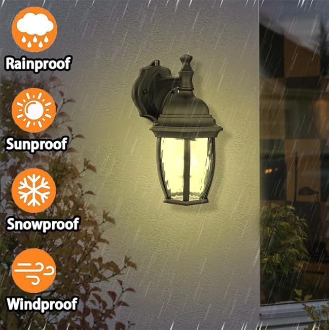 Outdoor Wall Sconces Dusk to Dawn, Large Waterproof Porch Light Fixture for Doorway Patio Garage Entryway, Aluminum Housing Plus Clear Water Glass, Black, 2-Pack