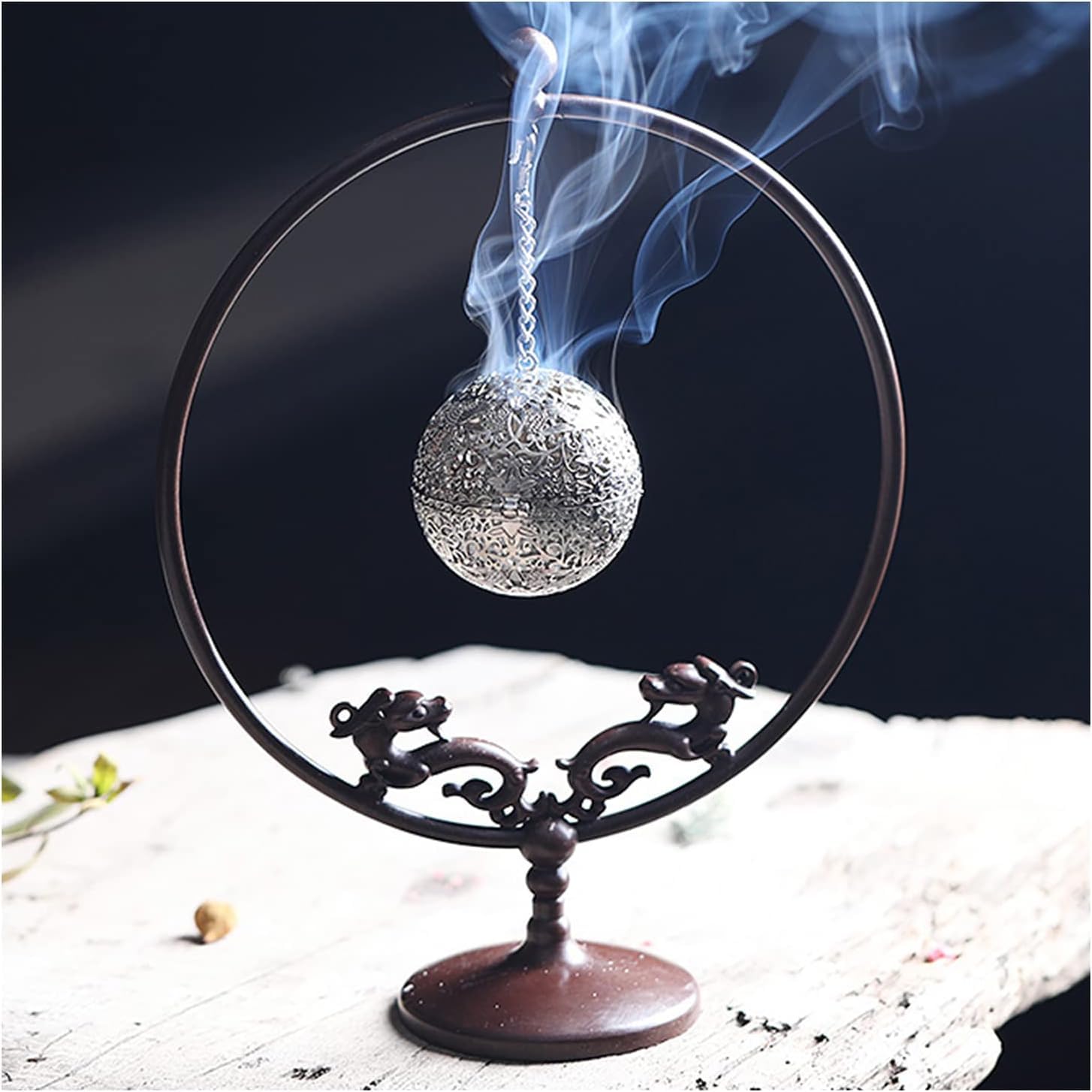 Porta incenso da appendere a forma di sfera, creativo retrò, per aromaterapia, porta incenso a forma di cono, per decorare casa e ufficio, meditazione, cerimonia del tè con Buddha. (argento)